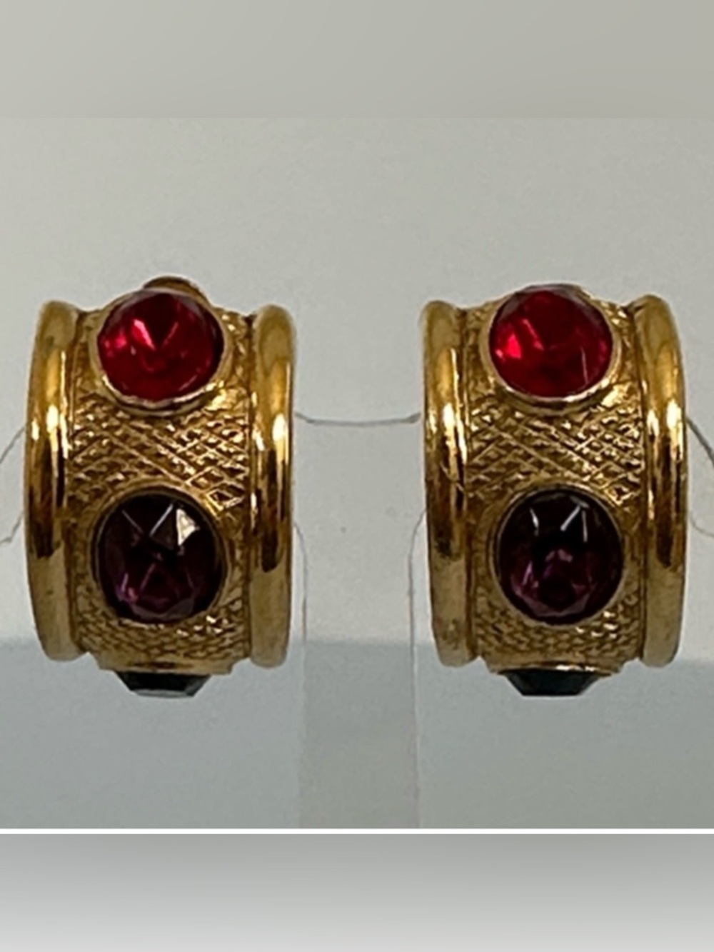 Givenchy Gold Plated Blue Purple Red Rhinestone Half Hoop Clip On Earrings - Picture 3 of 11